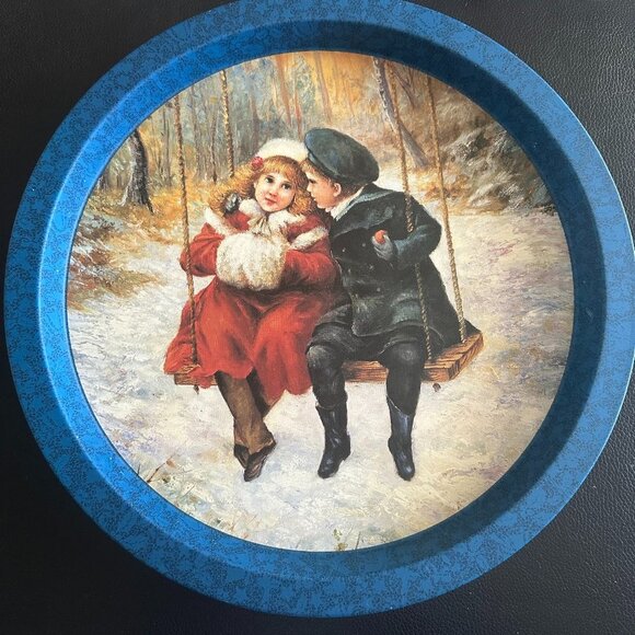 Victorian Boy Girl Winter Scene Swing Tin Serving Tray 12 Diameter - Picture 1 of 6